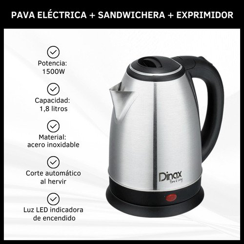 Combo Pava Eléctrica + Exprimidor + Sandwichera