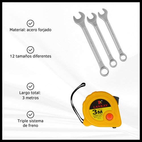 Set de Llaves Combinadas 8 en 1 + Cinta Métrica
