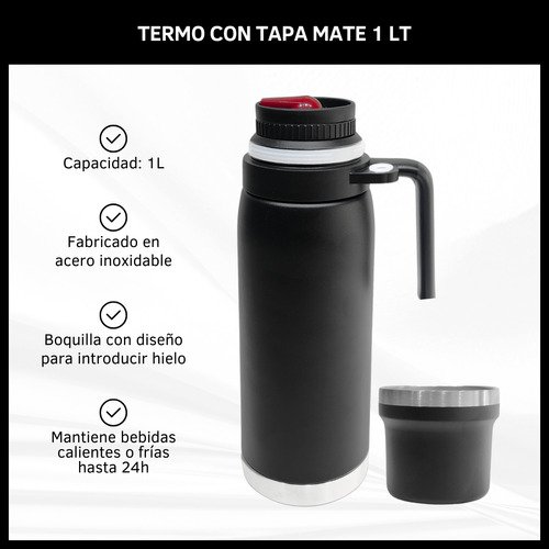Termo 1L con Mate y Bombilla de Acero Inoxidable