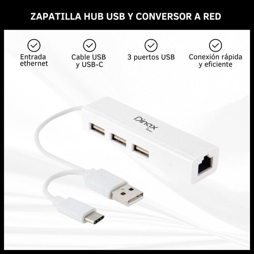 Zapatilla Hub 3 Puertos USB y Conversor USB-C a Red